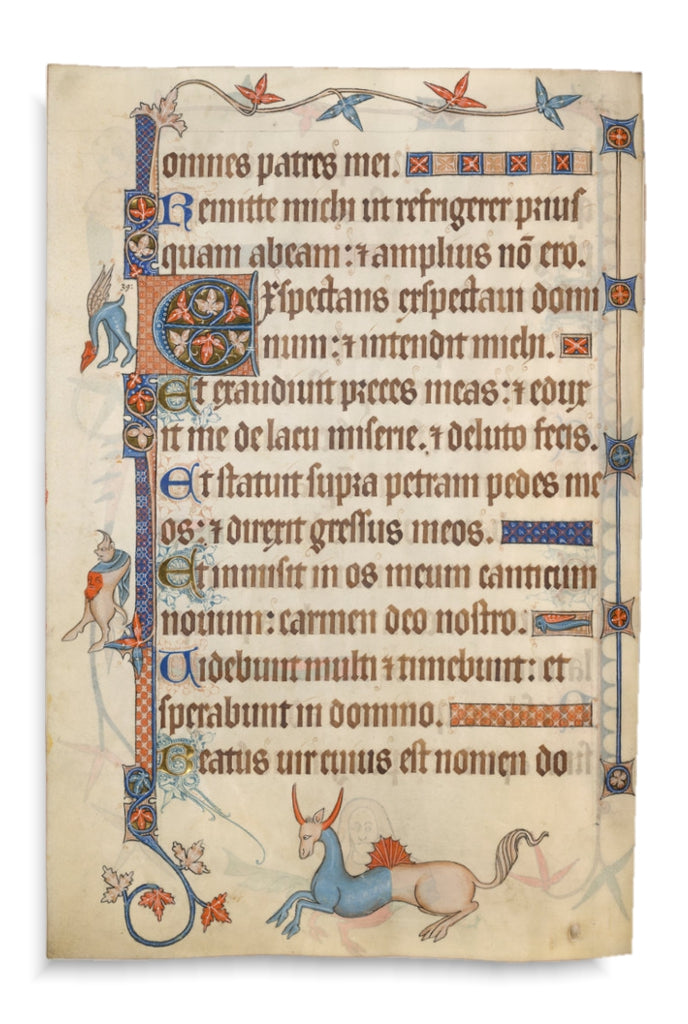 Drevený ručne maľovaný odznak Codex Marginalium s motívom stredovekej chiméry modrého okrídelného draka s oranžovým zobákom
