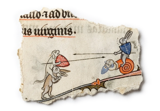 Drevený ručne maľovaný odznak Codex Marginalium s motívom stredovekej drolérie zajaca nesúceho psa