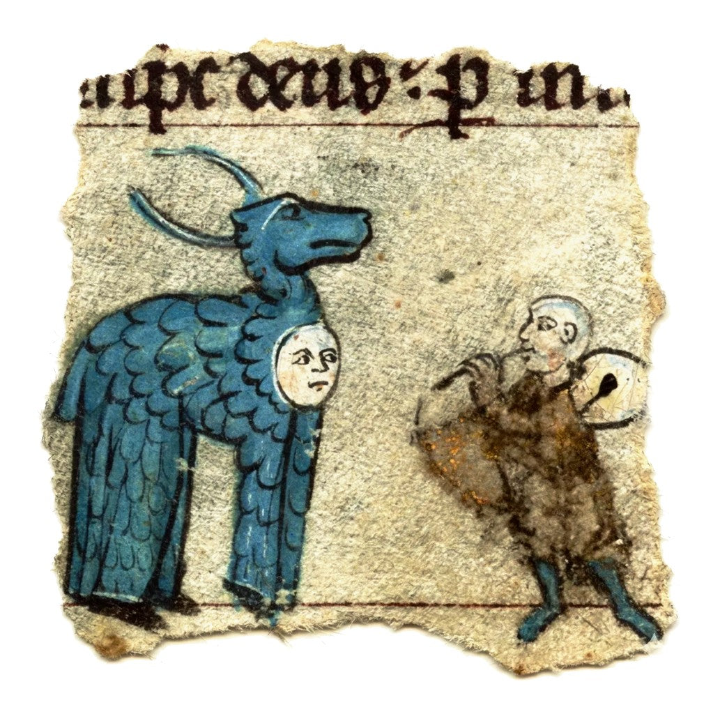 Drevený ručne maľovaný odznak Codex Marginalium s motívom stredovekej drolérie jeleňa s ľudskou tvárou na hrudi