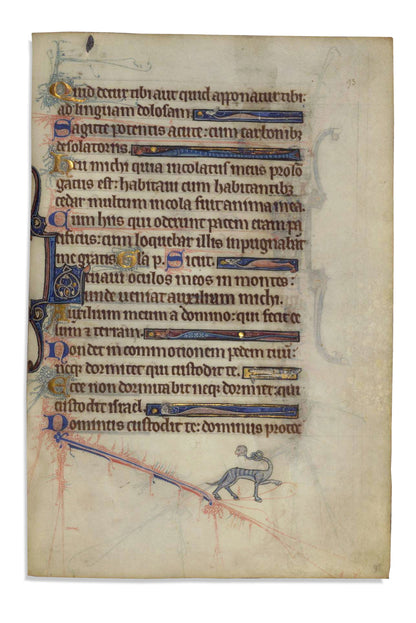 Drevený ručne maľovaný odznak Codex Marginalium s motívom stredovekej drolérie štvornohého stvorenia s krkom zviazaným do uzla