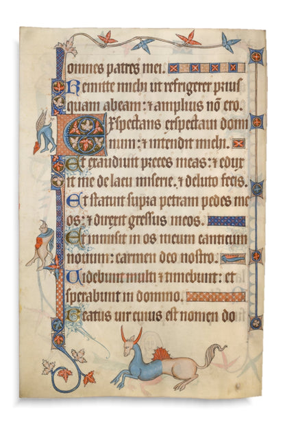 Drevený ručne maľovaný odznak Codex Marginalium s motívom stredovekej chiméry modrého okrídelného draka s oranžovým zobákom