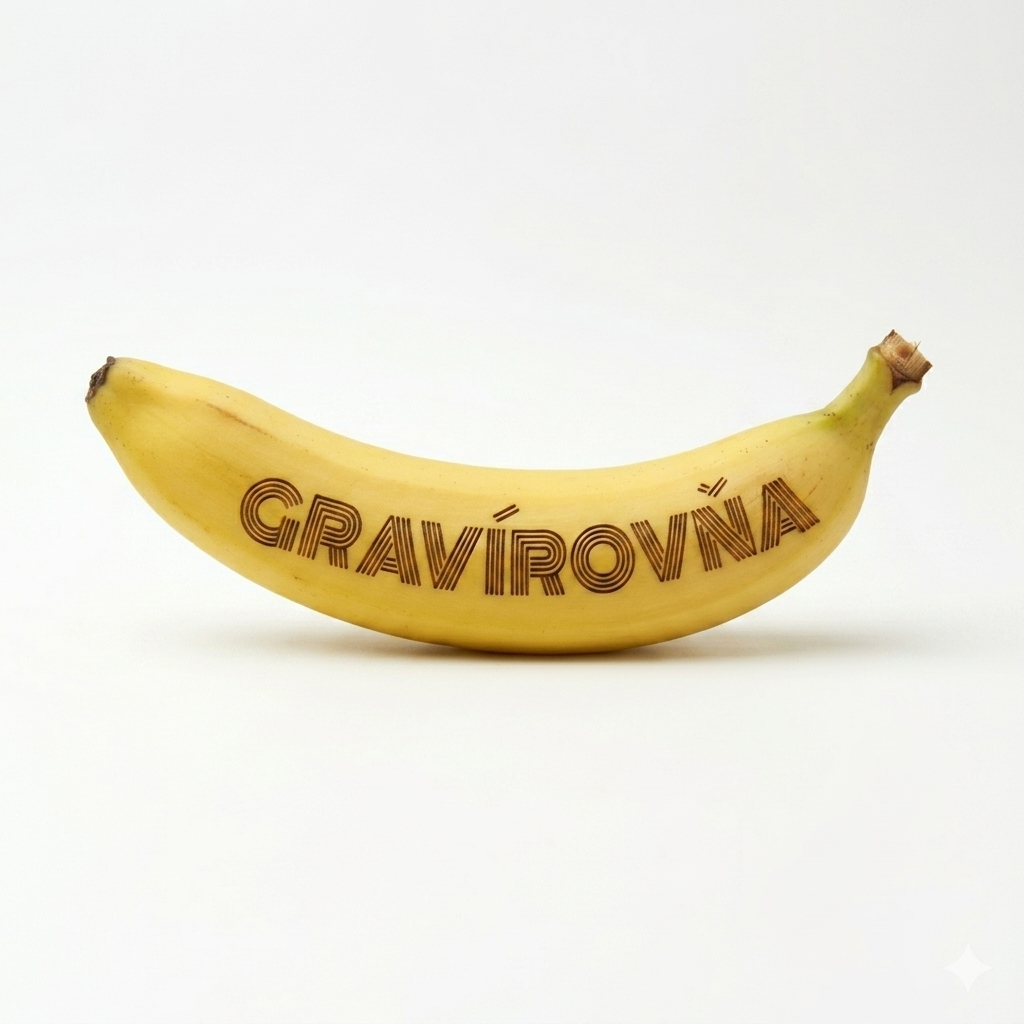 Laserom gravírované logo na žltom banáne
