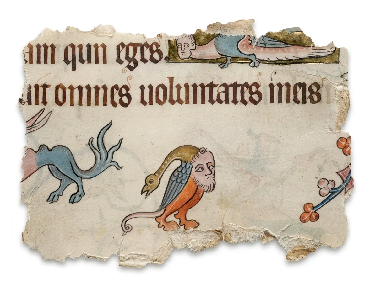 Drevený ručne maľovaný odznak Codex Marginalium s motívom stredovekej drolérie človekovtáka s ľudskou hlavou