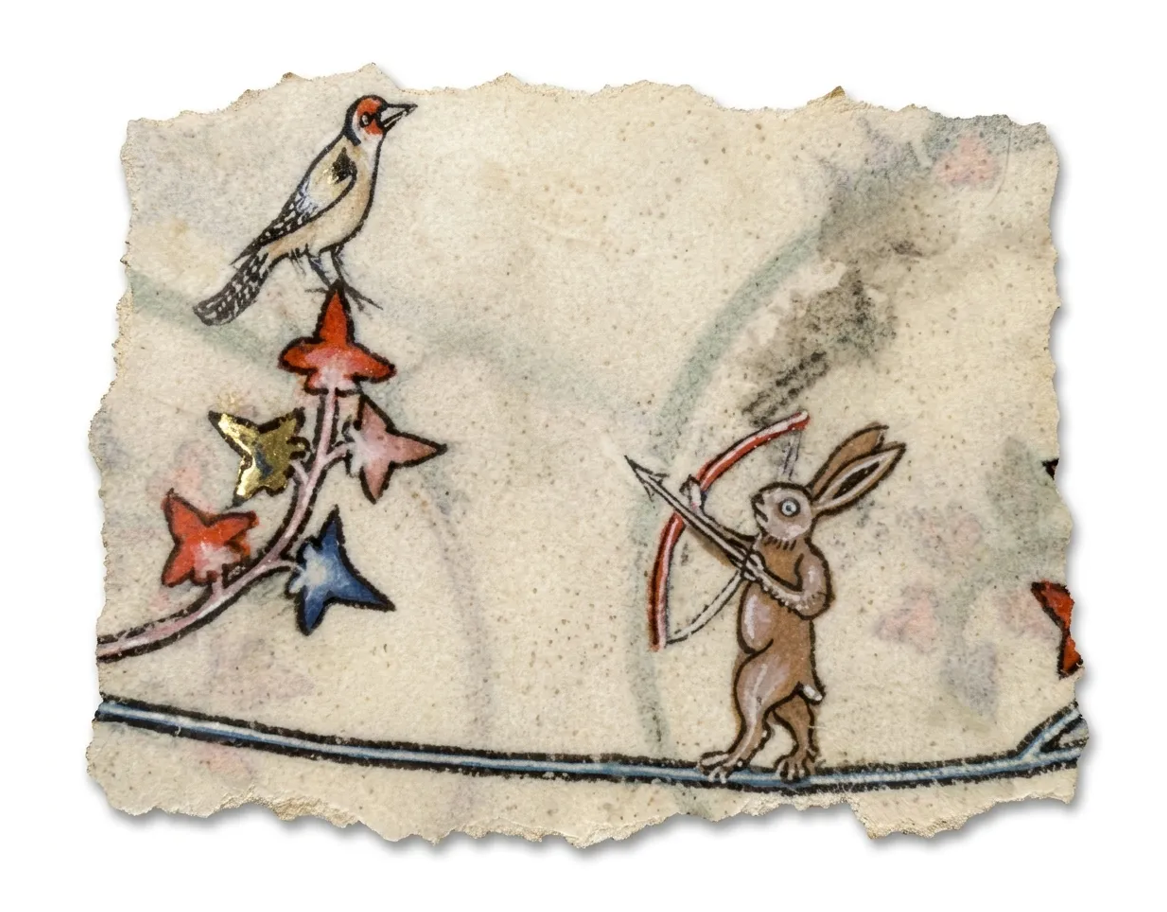 Drevený ručne maľovaný odznak Codex Marginalium s motívom stredovekej drolérie zajaca ako lukostrelca